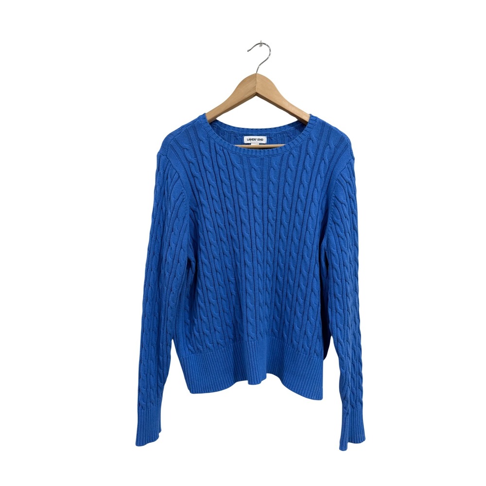 Lands End Womens Large Blue Cotton Cable Knit Crew Neck Sweater L 14-16